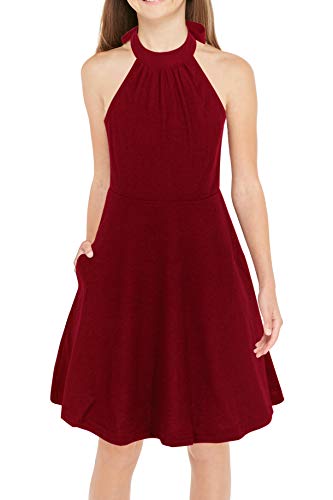 GORLYA Girl's Halter Neck Cold Shoulder Sleeveless Summer Casual Sundress A-line Dress with Pockets for 4-12 Years (GOR1013, 11-12Y, Wine Red)