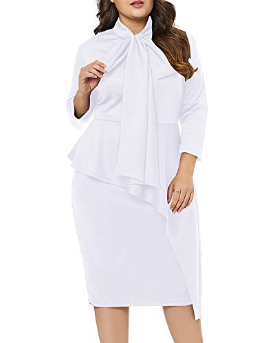 LALAGEN Women's Plus Size Long Sleeve Peplum Tie Neck Bodycon Pencil Midi Dress WhiteXXXL