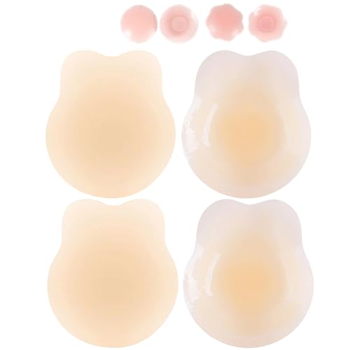 2 Pairs Added Lift Nipple Covers Breast Lift Pasties, Sticky Bras for Women Silicone Petals, Invisible Strapless Lift up Bra (Light Beige, Fits Cup D/DD)