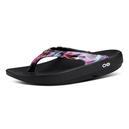 OOFOS OOlala Luxe Sandal, Neon Rose - Women’s Size 8 - Lightweight Recovery Footwear - Reduces Stress on Feet, Joints & Back - Machine Washable - Hand-Painted Treatment