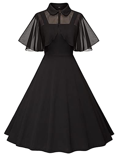 Milreason 1950s Dresses for Women Vintage Goth Swing Cocktail Dress with Pockets and Chiffon Shawl Black