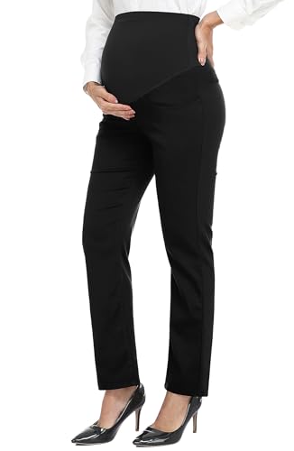 PACBREEZE Women's Maternity Pants for Work Over-Bump Pregnancy Casual Stretchy Straight Dress Pants with Pockets(Black, Medium)
