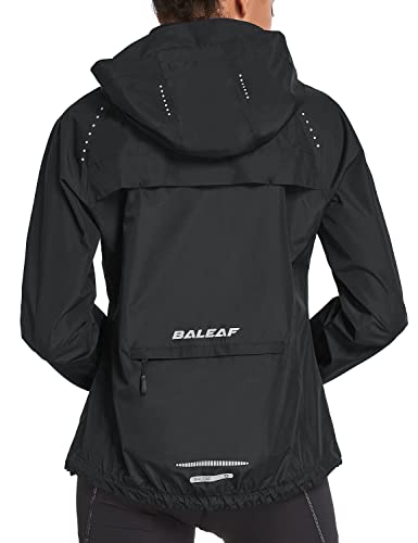 BALEAF Women's Rain Jackets Waterproof Windbreaker Running Cycling Gear Packable Reflective Lightweight Hooded Black L