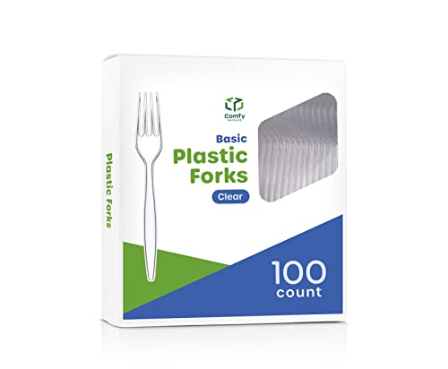 Comfy Package [100 Pack] Heavy Duty Disposable Basic Plastic Forks - Clear