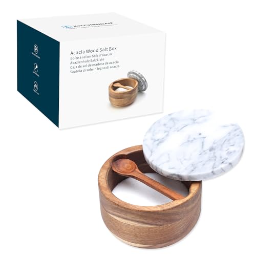 KITCHENDAO Large Acacia Salt Cellar Box Bowl with Built-in Spoon and Marble Lid, Solid Natural Acacia Wood Bath Sea Salt Container, Grey Marble Lid, Pepper Sealer Pinch Bowl, 10oz Capacity