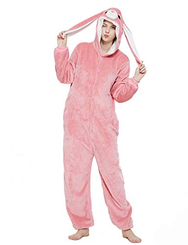 ABENCA Easter Bunny Onesie Pajamas for Unisex Adult Cartoon One Piece Animal Rabbit Halloween Christmas Cosplay Costume (Pink Bunny, Large)