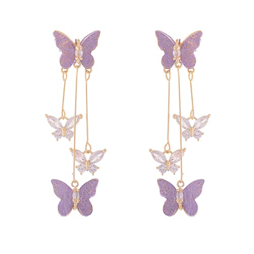 Purple Butterfly Tassel Style Zircon Earrings for Women Crystal Rhinestone Drop Earrings Long Butterfly Dangle Earrings Prom Earrings Wedding Jewelry Gifts for Women