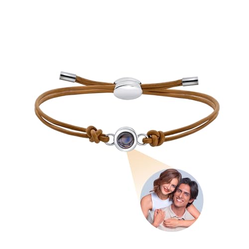 BELELA Personalised Photo Bracelets with Picture Inside for Women, Valentine's Day Gift, Adjustable Customised Projection Brown Leather Bracelet, Couple Gift for Girlfriend, Mother's Day Birthday Anniversary