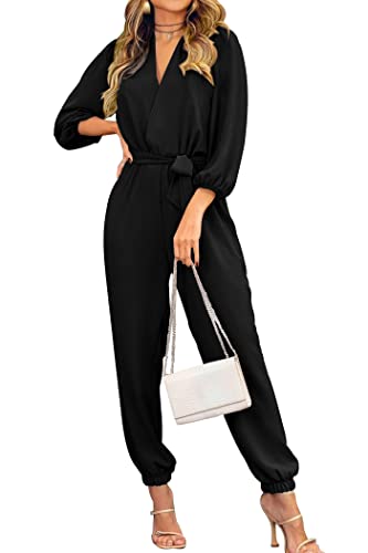 PRETTYGARDEN Women's 2024 Fall Jumpsuits Casual Dressy One Piece Outfits V Neck Long Sleeve Belt Pockets Long Pants Romper (Black,X-Large)