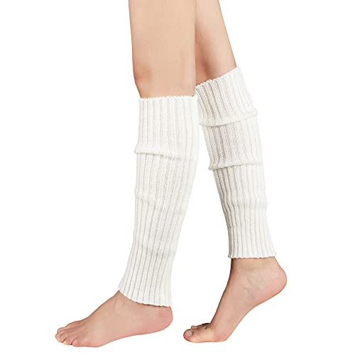 Zando Women Fashion Leg Warmers Adult Junior 80s Ribbed Knitted Long Socks for Party Sports B White One Size