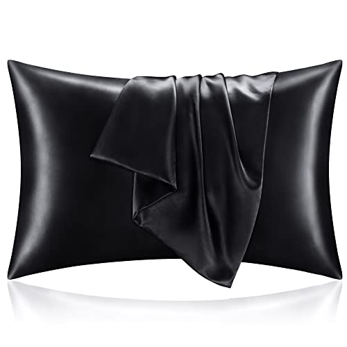 BEDELITE Satin Pillowcase for Hair and Skin, Black Pillow Cases Standard Size Set of 2 Pack, Super Soft Similar to Silk Pillow Cases with Envelope Closure (20x26 Inches)