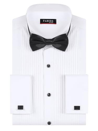 FAHIZO Men's White Tuxedo Shirt with Wing Collar, French Cuffs & Accessories-Black Bow Tie, M