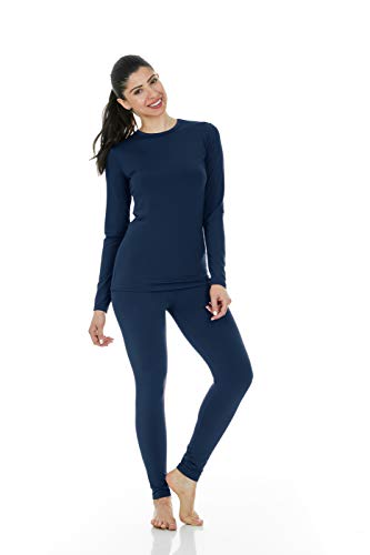 Thermajane Long Johns Thermal Underwear for Women Fleece Lined Base Layer Pajama Set Cold Weather (Small, Navy)