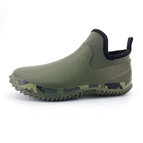 SYLPHID Men's Garden Shoes Women's Rain Shoe Waterproof Neoprene Camp Booties for Camping, Lawn Care, Gardening and Yard Work, Green Camo, Women Size 12, Men size 10.5