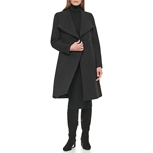 Calvin Klein Women's Ring Snap Detail Asymmetrical Closure Stand Collar Welt Pockets Coat, Black, Large