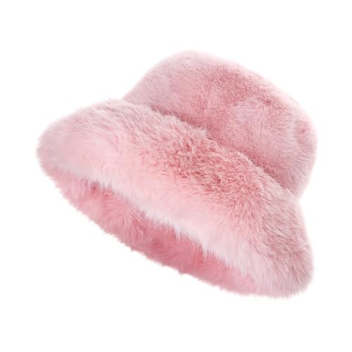 Yonchic Winter Soft Faux Fur Plush Bucket Hat, Lovely Fuzzy Fisherman Cap, Fashion Outdoor Thick Warm Sun Cap for Women (Light Pink)
