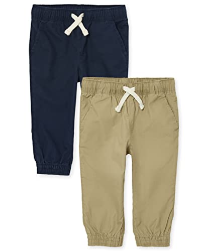 The Children's Place Baby Boys' and Toddler Stretch Pull on Jogger Pants, Flax/New Navy 2 Pack, 3T