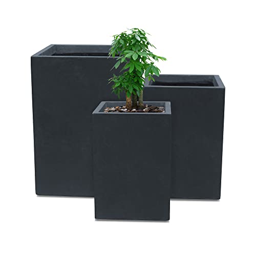 Kante 18.5',15.7',12.6' H Tall Rectangular Concrete Planters Set of 3, Outdoor Indoor Lightweight Plant Pots with Drainage Hole and Rubber Plug, Modern Style for Home Garden Patio, Charcoal