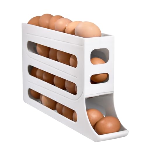4 Tiers Egg Holder for Fridge - Auto Rolling Fridge Egg Organizer, Space-Saving Egg Dispenser Holder, 30 Eggs Fridge Egg Rack Large Capacity Egg Dispenser for Refrigerator (White)