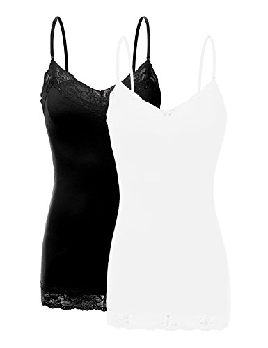 Bozzolo RT1004 Pack Ladies Adjustable Spaghetti Strap Lace Tunic Camisole,2pack - Black/White,Large