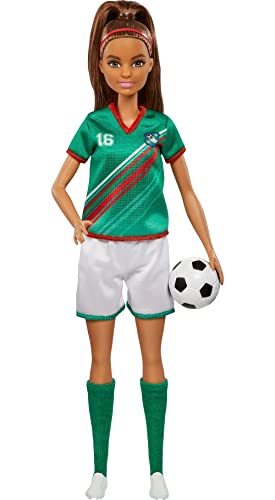 Barbie Soccer Fashion Doll with Brunette Ponytail, Colorful #16 Uniform, Cleats & Tall Socks, Soccer Ball