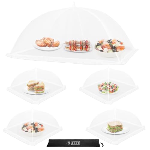 Lauon Food Covers, 1 Extra Large (40'X23.7') & 4 (17'X17'), 5 Pack White Mesh Plate Serving Tents, Pop-Up Umbrella Screen Tents, Jumbo Food Net for Outdoor Picnics Parties BBQ, Collapsible Reusable