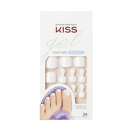 KISS Gel Fantasy Press On Toenails, Nail Glue Included, This is Classic', White, Short Size, Squoval Shape, Includes 24 Nails, 2g glue, 1 Manicure Stick, 1 Mini File