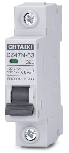 Chtaixi AC Miniature Circuit Breaker, 20 Amp 120V/240V 1 Pole DIN Rail Mount Circuit Breaker, Thermal Magnetic Trip, Solar AC Disconnect Switch MCB C20