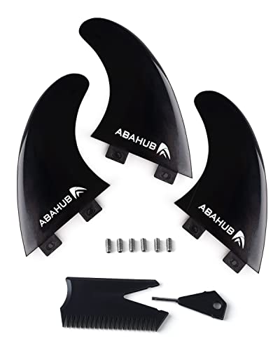 Abahub Surfboard Thruster Fins Set, Compatible with FCS Style Fin Box, Fiberglass Reinforced G5 Surf Fin for Surf Boards, Surfing Longboard, Shortboard, Comes with Screws, Wax Comb and Key, Black