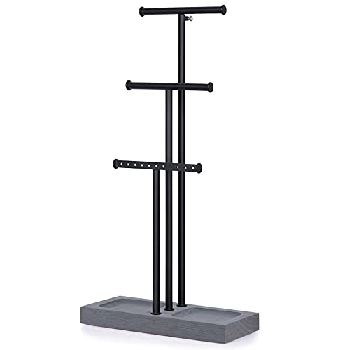 Love-KANKEI Jewelry Organizer Stand Metal & Wood Base and Large Storage Necklaces Bracelets Earrings Holder Organizer Black and Weathered Grey, 16.7 X 8.9 X 3.9 inch