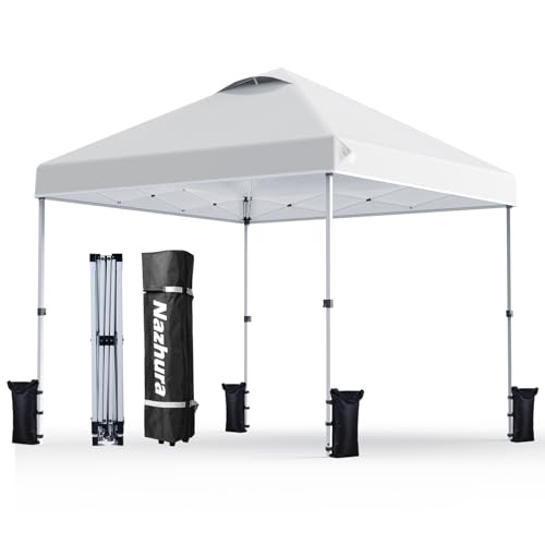Nazhura 10' x 10' Pop Up Canopy Tent with Sand Weight Bag, Freestanding Sun Shelter for Picnic and Camping, One Person Setup and Height Adjustable (White)