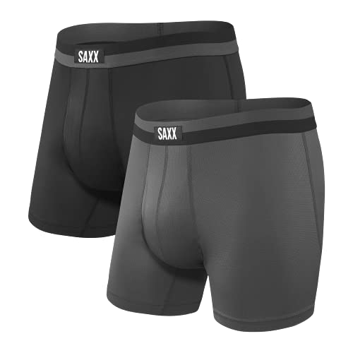 SAXX Underwear Co. Men's Underwear Sport MESH Boxer Briefs with Built-in Pouch Support Workout Boxer Briefs, Pack of 2,Black/Graphite, Large