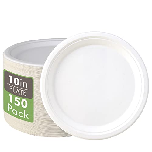 Vplus 150 Pack Compostable Disposable Paper Plates 10.25 inch Super Strong Paper Plates 100% Bagasse Natural Biodegradable Eco-Friendly Sugarcane Plates(white)