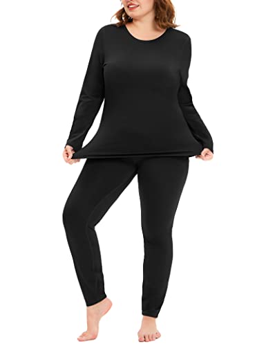 COOTRY Plus Size Thermal Underwear for Women Long Johns Fleece Lined Base Layer Top and Bottom Sets Set - Black 5XL