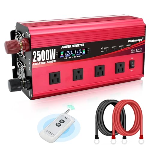 Cantonape 2500W Power Inverter 12V to 110V DC to AC with LCD Display, Remote Controller 4 x AC Outlets and 4 x 3.1A USB Car Adapter for Car Truck Boat RV Solar System