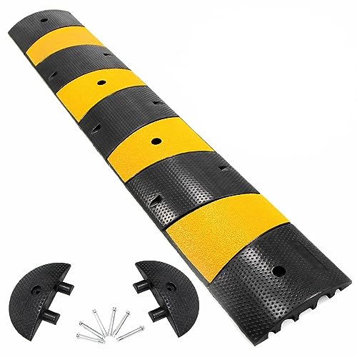 Qualifort 84' Rubber Speed Bump Heavy Duty Reductores De Velocidad 1 Pack 2 Channel 27000Lbs Load Capacity with 2 End Caps and 6 Bolt Spikes for Asphalt Concrete Gravel Driveway