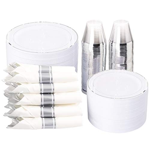 WELLIFE 350Pcs Silver Plastic Plates with Disposable Silverware, Include: 50 Dinner Plates 10.25”, 50 Dessert Plates 7.5”, 50 Silver Rim Cups 9 OZ, 50 Pre Rolled Napkins with Silver Silverware