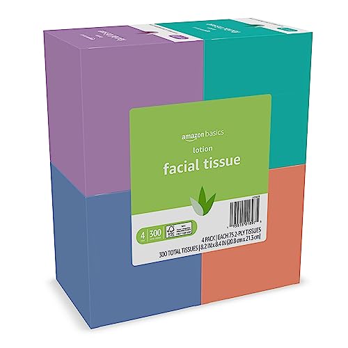 Amazon Basics Facial Tissue with Lotion, 2-Ply, 300 Count (4 Packs 75) (Previously Solimo)(Packaging may vary)