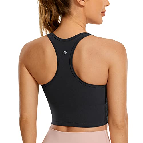 CRZ YOGA Butterluxe Womens Y-Back Racerback Longline Sports Bra - Padded Scoop Neck Workout Crop Tank Top with Built in Bra Black Medium