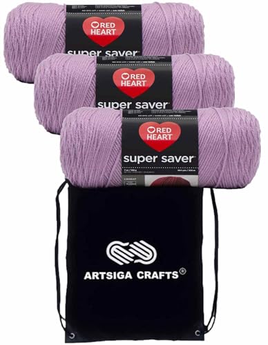 Red Heart Super Saver Orchid E300-530 (3-Skeins - Same Dye Lot) Worsted Medium #4 Acrylic Yarn for Crocheting and Knitting - Bundle with 1 Artsiga Crafts Project Bag