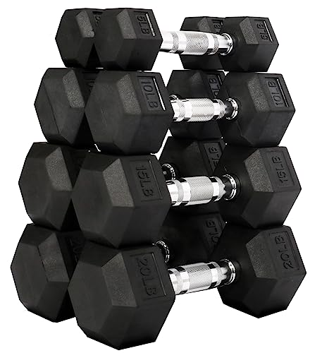 Signature Fitness Rubber Encased Hex Dumbbell, Set Including 5, 10, 15, 20LB Pairs