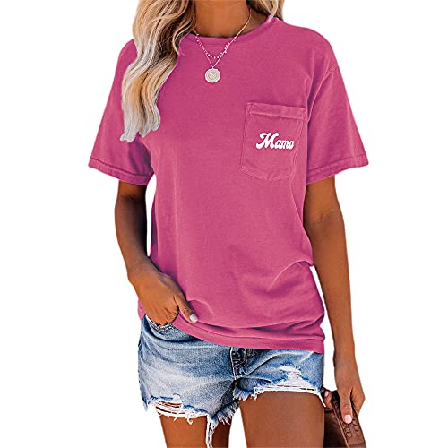 NIUBIA Women's Letter Print Basic Crew Neck Tee Summer Short Sleeve T-Shirt with Pockets Loose Fitting Tops Pink