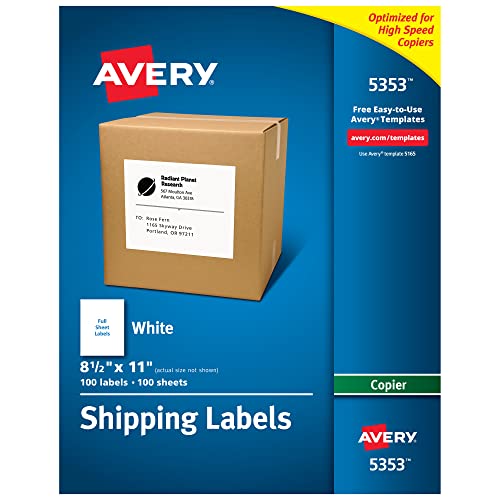 Avery Printable Shipping Labels for Copiers, 8.5' x 11', White, 100 Blank Mailing Labels (5353)