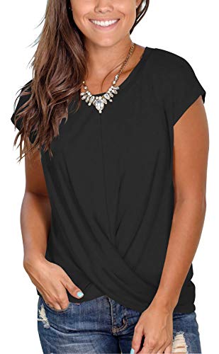 Black Summer Short Sleeve Tops for Women Casual Round Neck Basic Tshirts L