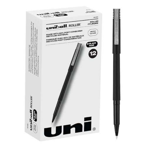 uni-ball Roller Rollerball Pens Fine Point Micro Tip, 0.5mm, Black, 12 Pack