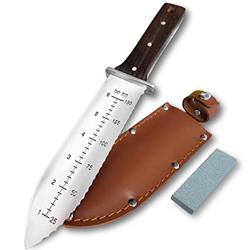 gonicc Professional Hori Hori Garden Knife with Leather Sheath, Protective Handguard, High polished 440 Stainless Steel Blade, Sharpening Stone Included, for Weeding, Digging, Pruning, and Cultivating