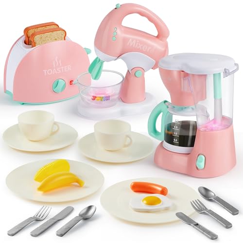 Joyin Play Kitchen Toys, Pretend Play Kitchen Appliances Toy Set with Coffee Maker, Mixer, Toaster with Realistic Lights& Sounds, Birthday Gift for Kids Ages 3+, Pink