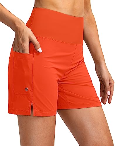G Gradual Women's 5' High Waisted Swim Board Shorts with Phone Pockets UPF 50+ Quick Dry Beach Shorts for Women with Liner(Orange,L)