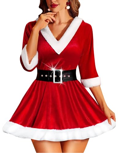 RSLOVE Christmas Lingerie for Women Sexy Santa Outfit 2Pcs Velvet Costume Babydoll Chemise Holiday Dress with Belt Red M