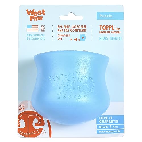 West Paw Zogoflex Toppl Treat Dispensing Dog Toy Puzzle – Interactive Chew Toys for Dogs – Dog Toy for Moderate Chewers, Fetch, Catch – Holds Kibble, Treats, Large 4', Aqua Blue